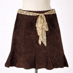 Vintage Karen Kane Brown Suede Leather Lace-Trim Pleated Hem Flared Skirt Size 6